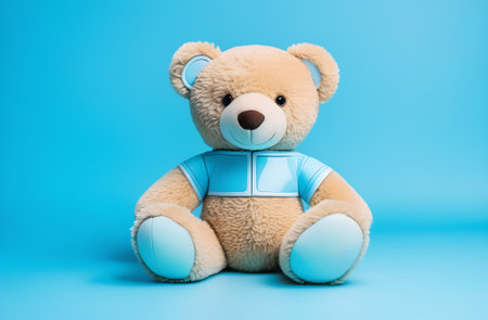 A toy teddy bear in the style of cybernetics alone on a blue background. Made with the help of artificial intelligence. High quality photos. A place for the text.の素材