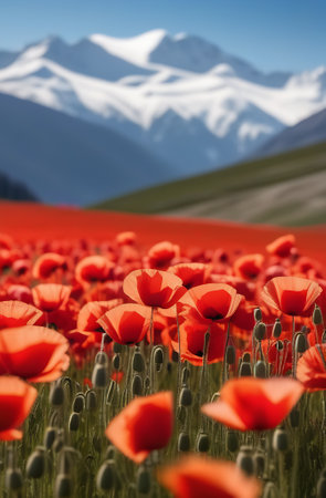 A landscape with a field of poppies leading to a small village and snow-capped peaks in the background. Made with the help of artificial intelligence. Background, screensaver, postcard, wallpaper. Vertical format.の素材