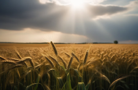 a wheat field against a gray sky with clouds, a wheat plantation, a rustic evening landscape against a beautiful sunset sky. High quality photos. Made with the help of artificial intelligence.の素材
