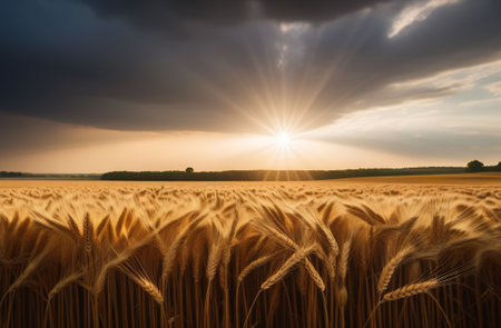 a wheat field against a gray sky with clouds, a wheat plantation, a rustic evening landscape against a beautiful sunset sky.の素材
