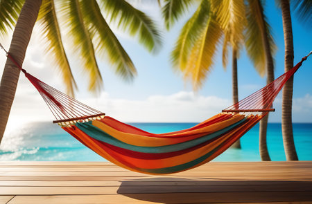 A panorama of a tropical beach in the form of a summer landscape with a beach swing or hammock, white sand and calm sea for a beach banner.の素材