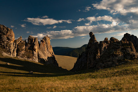 Unusual natural textures of rock formations against the sky. Horizontal photoHigh quality photoの写真素材