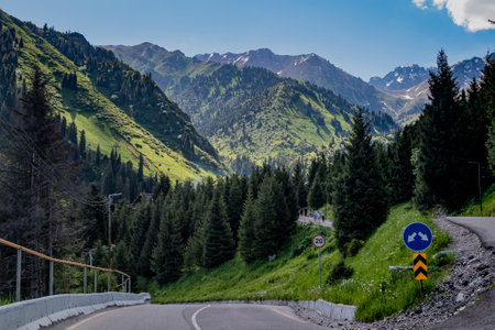 The fEco-trail on Medeo overlooking the Tien Shan Mountains, Kazakhstan, Almaty. Summer, sunny. High quality photoの写真素材