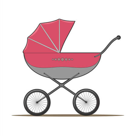 pink baby stroller with big wheels on white background, side view