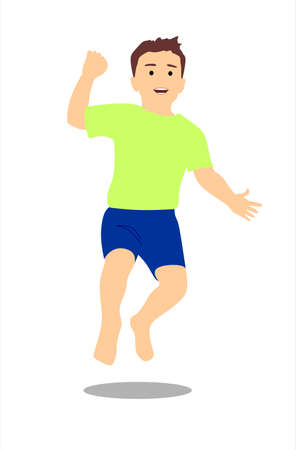 Barefoot jumping boy with dark hair in a green T-shirt and blue shorts. Vector image isolated.のイラスト素材