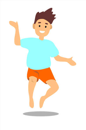 Barefoot jumping boy with dark hair in a green T-shirt and blue shorts. Vector illustration isolated.のイラスト素材
