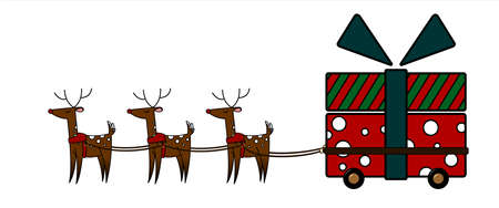 Christmas Deer Carry Gifts; Great Gift. Cart In The Form Of A Gift On Wheels. Reindeer Harness. Cute Deer With A Big Red Nose. Vector Illustration Isolated On A White Background.のイラスト素材