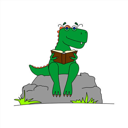 Dinosaur With Glasses Reading a Book. Smart Dinosaur. A Tyrannosaurus With A Crest On its Back and With Glasses Sits on a Stone With a Book in its Paws. Vector Image Isolated on a White background.のイラスト素材