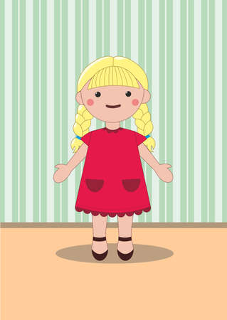 doll with blond hair, braided in braids, in a red dress with pockets standing on the floor against the Wallpaperのイラスト素材