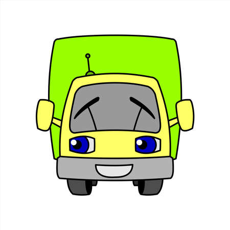 A Cartoon Smiling Car With An Antenna. Cartoon Little Truck. Contour Vector Illustration On White Background. Funny Character For Children. The Car - A Son.のイラスト素材