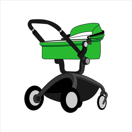 Preambulator, Pram, Baby Buggy, Go-cart, Baby Carriage, Pusher, Carriage, Stroller, Pushchair For Boy or Girl. Modern flat Vector Image Isolated on white background.のイラスト素材