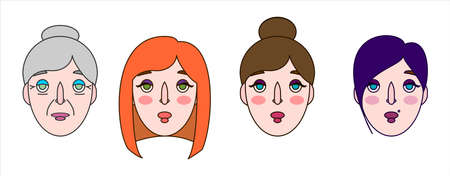 Stylized Female Face. Girl With A Formal Haircut; With Piercing; With Red Hair. Old Woman, Young Woman. Persons Of Women Of Different Ages, With Different Hairstyles. Vector Image on white background.のイラスト素材