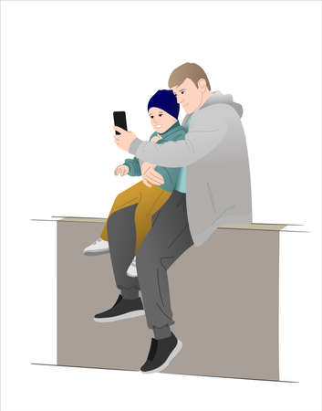 Dad and son make selfie. Father and son are sitting and taking pictures. Modern flat vector illustration on white background.のイラスト素材