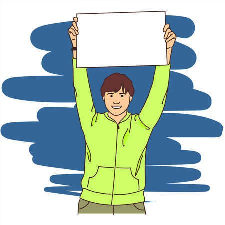 A man holds over his head on outstretched hands a blank sheet for text or image. Modern flat vector illustration.のイラスト素材