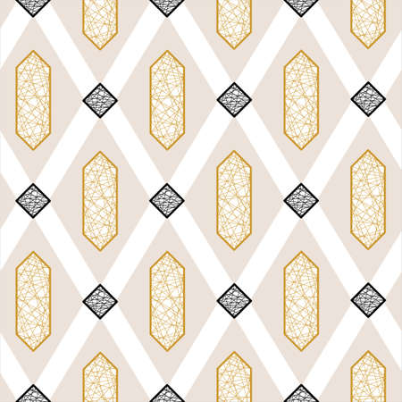 Abstract Vector Seamless Geometric Pattern Of Wide Intersecting Diagonal Lines, Black Rhombuses, Beige Rhombuses And Golden Hexagonal Elements.のイラスト素材