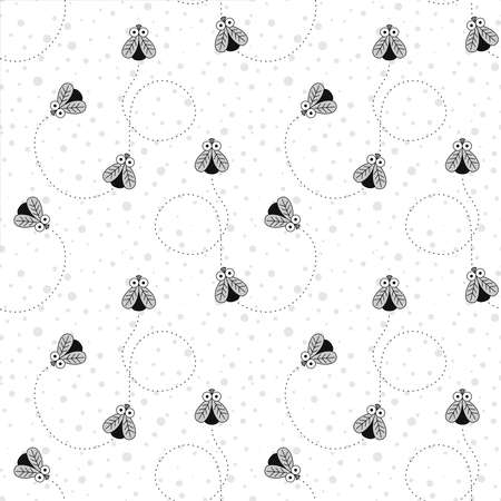 Seamless Pattern With Insects. Pattern With Flies and A Trajectory of Movement. Vector Black and white Fly pattern.のイラスト素材