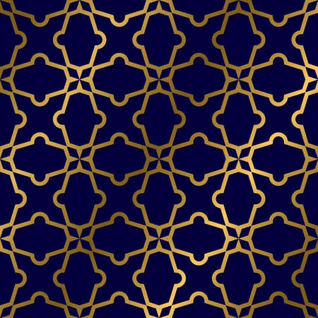 Seamless Geometric Pattern. Gold Pattern On A Dark Blue Background. For Pattern, Textile, Fabric, Wrapping Paper, Engraving, Laser Cutting. Vector Background.のイラスト素材