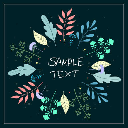 Floral Greeting Card Vector Template. Frame With Hand Drawn Flowers And Leaves Illustration. Border For The Text. Festive Poster, Wedding Invitation, Frame For Text on a dark background.のイラスト素材