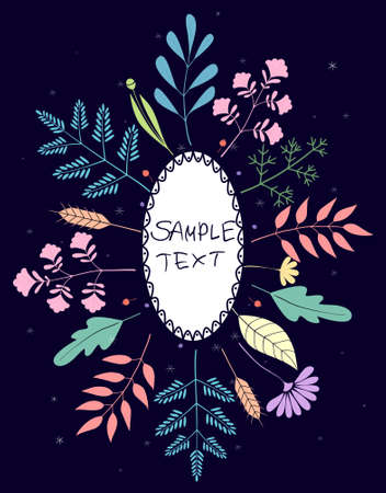 Floral Greeting Card Vector Template. Frame With Hand Drawn Flowers And Leaves Illustration. Border For The Text. Festive Poster, Wedding Invitation, Frame For Text on a dark background.のイラスト素材