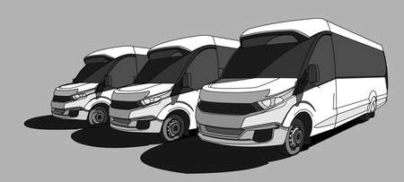 Buses to the bus station. Sightseeing, Tourist Buses in the parking lot. Buses for sale. Modern flat Vector illustration on white background.のイラスト素材