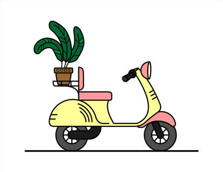 vector retro scooter with a trunk, with a flower in the trunk; vintage stylish moped for a girl; scooter for delivery; isolated on a white background; poster for a nursery.のイラスト素材