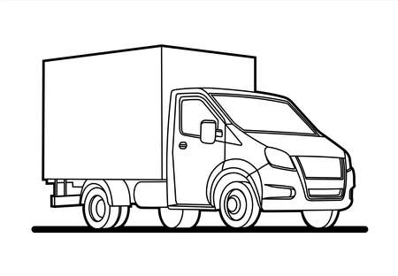 vector outline lorry; isolated on a white background; three quarter view; car template for advertising; small truck; for coloring book pageのイラスト素材