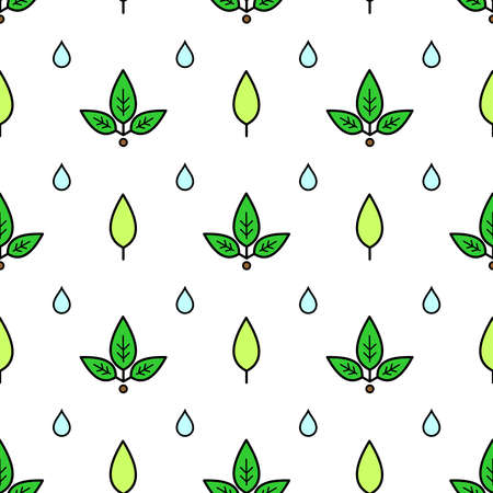 Vector seamless pattern of leaves and drops of water; on white background. Pattern for decor, fabric, textile, wrapping paper, background, wallpaper, carpet for the nursery.のイラスト素材