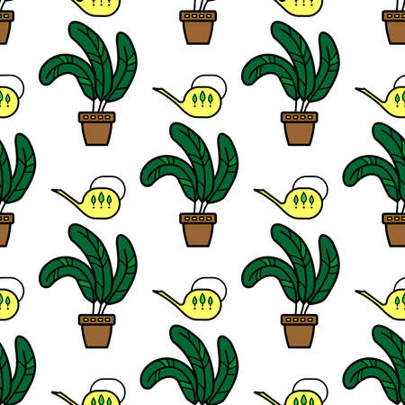 Vector seamless pattern of indoor plants in pots and watering cans; on white background. Pattern for decor, fabric, textile, wrapping paper, background, wallpaper.のイラスト素材