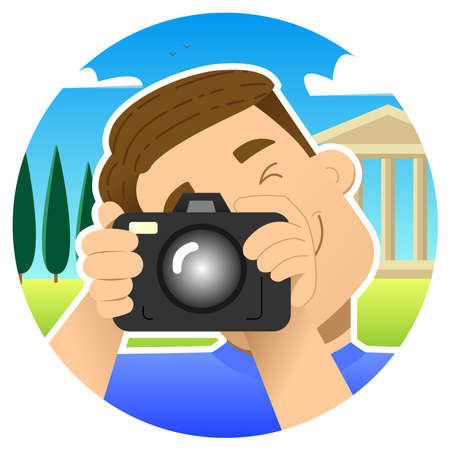 Illustrazione per tourist, traveler; smiling guy with a camera on an excursion, in Greece, against the backdrop of monuments; photographs by squeezing 1 eye; round icon - Immagini Royalty Free