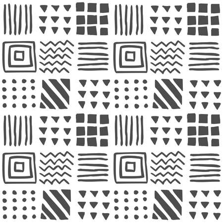 Vector seamless geometric pattern of hand-drawn squares, stripes, lines, dots, triangles, zigzags. Ethnic color pattern on a white background. For decor, textile, fabric, carpet, wrapping, wallpaper, background.のイラスト素材