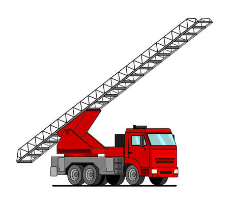 Cartoon red fire truck with ladder up car sticker for boys. Flat vector illustration of water engine car for scrapbook, for textiles. Cartoon car with ladder up.のイラスト素材