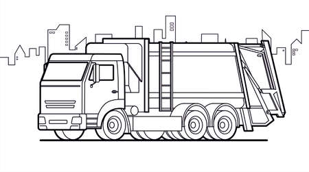 garbage truck; vector contour garbage truck on city background.のイラスト素材