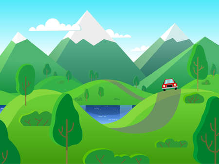 landscape with a red car; The car rides along the road in the hills, against the backdrop of mountains and a lake.のイラスト素材