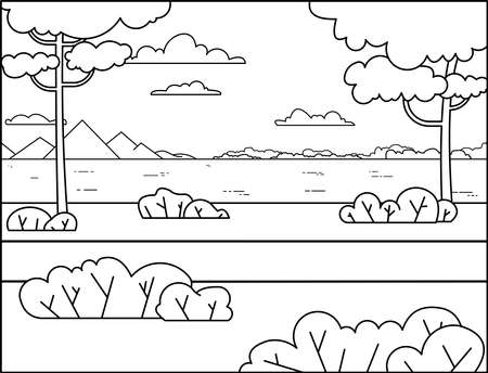 Contour landscape with a river, trees, mountains, a forest across the river. For coloring book page.のイラスト素材