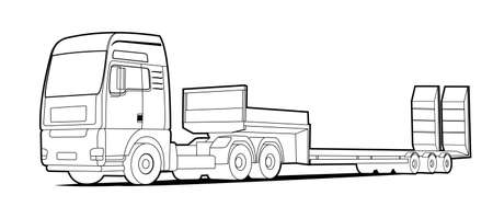 Vector truck; outline, contour tractor, low loader trawl for transportation of road equipment, tractors, graders, scrapers, bulldozers. For coloring book.のイラスト素材