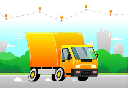 Vector truck delivers an order very fast. High speed, dust from under the wheels. Above the truck delivery route with delivery icons. City and trees in the background.のイラスト素材