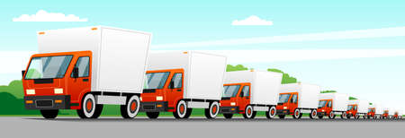 A column of trucks moving along a suburban highway, delivering goods. Forest and sky in the background. Modern flat vector image.のイラスト素材
