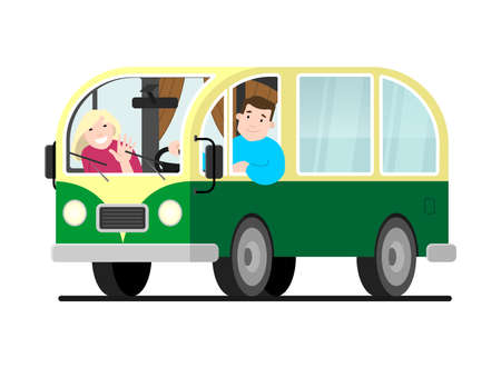 Family travel on a minivan; a man drives a car, a woman waves her hand. Happy cartoon people in a retro minivan. Road trip, summer vacation, vector illustrationのイラスト素材