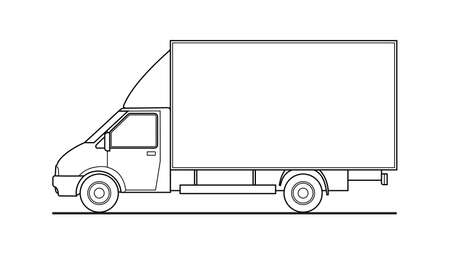 Vector outline truck, lorry, side view. White blank template truck for advertising, for coloring books. Freight transportation. Modern flat vector illustration isolated.のイラスト素材
