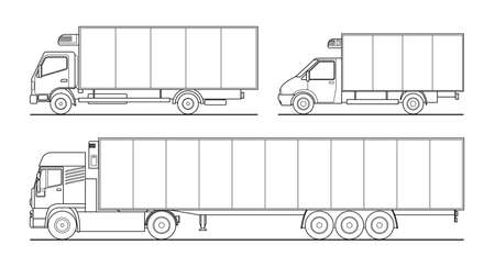 Vector contour set of different refrigerated trucks, refrigerator semi-trailer. White blank template truck for advertising, for coloring books. Freight transportation.のイラスト素材
