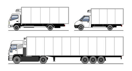 Vector set of different refrigerated trucks, side semi-trailer, side view. White blank truck template for advertising. Freight transportation, delivery of goods. Isolated on white backgroundのイラスト素材