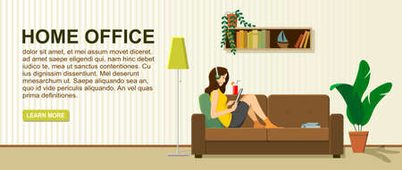 Girl sitting on a sofa with a tablet. Home office, remote work from home; For backgrounds, infographics. Freelance, online education or social media concept. Flat style modern vector illustration.のイラスト素材