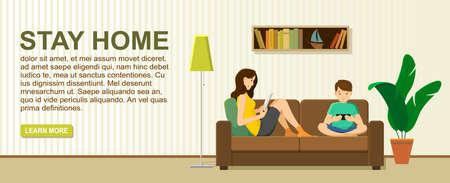 A young woman and a boy are sitting on a sofa, reading a book, playing games on a smartphone. Mom and son stay at home, quarantine, isolation, joint activities. Vector logo header, bannerのイラスト素材