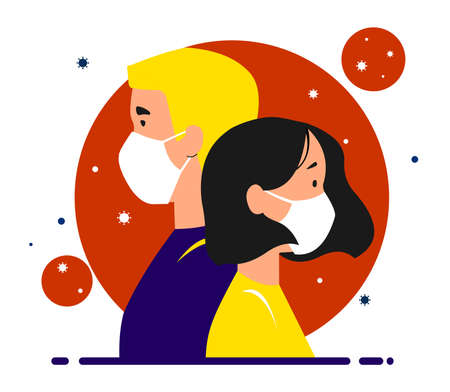 A girl and a guy in medical masks stand back to back. viruses around them in the air. Together against coronavirus. Stay home, quarantine, isolation concept. Vector image.のイラスト素材