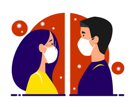 The girl and the guy in medical masks are standing opposite each other, separated due to the coronavirus. Stay home, quarantine, isolation concept. Vector image.のイラスト素材