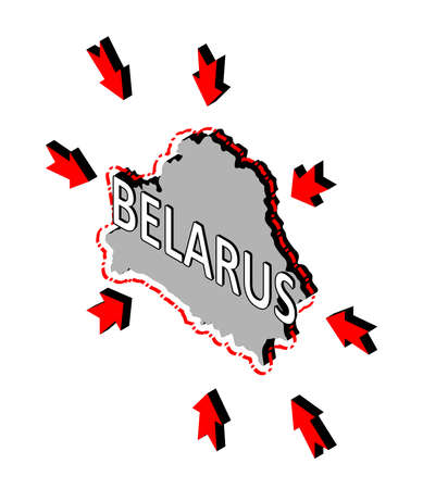 Belarus closes borders, quarantine, protection against coronavirus. Ban on crossing borders. Vector isometric image of Belarus map with arrows around. A threat to the country from the outside.のイラスト素材