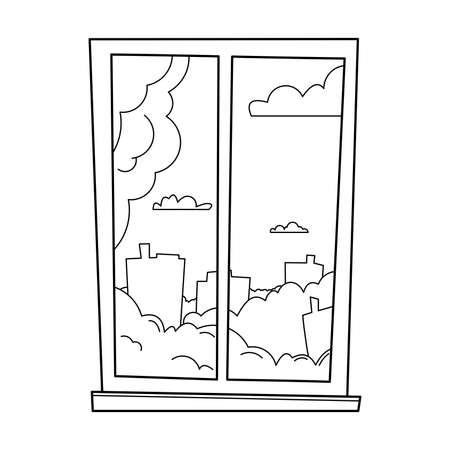 Vector outline window with summer landscape. Morning, day, evening, night outside the window. Modern flat cartoon style vector illustration. For coloring book page.のイラスト素材