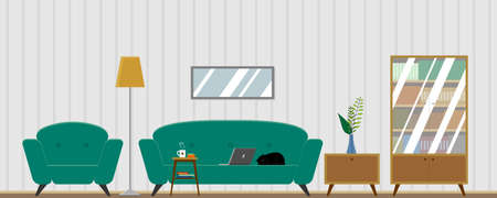 Vector living room interior with furniture. Comfortable chair, laptop on the couch, working from home, bookcase, houseplant, lamp, coffee table, cat. Flat style vector illustration.のイラスト素材