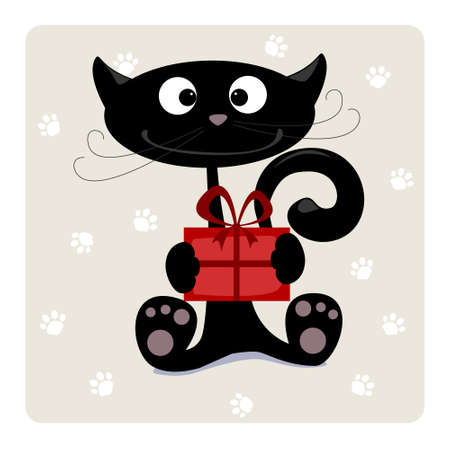 Illustration - Black cat with a gift. No transparency and gradients used.のイラスト素材
