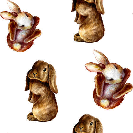 Seamless pattern, baby rabbits on a white background. Watercolor illustration.の写真素材
